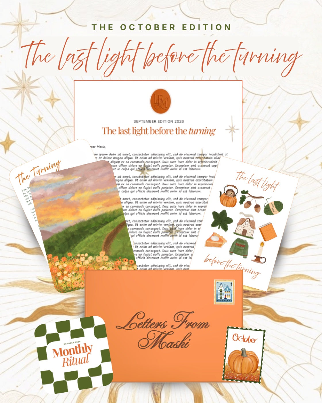 The October “The last light before the turning” edition on a golden celestial backdrop: the letter, autumn art print, orange themed envelope, pumpkin sticker sheet, and Monthly Ritual card